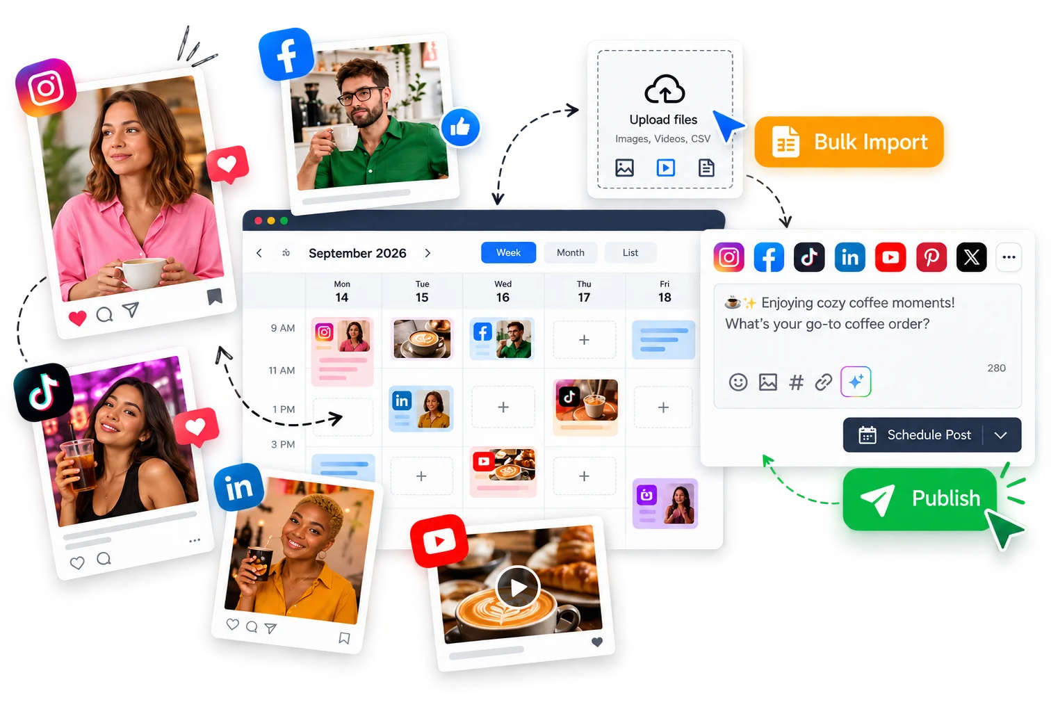 Social Nest — scheduling calendar, post composer, and bulk import across every connected channel