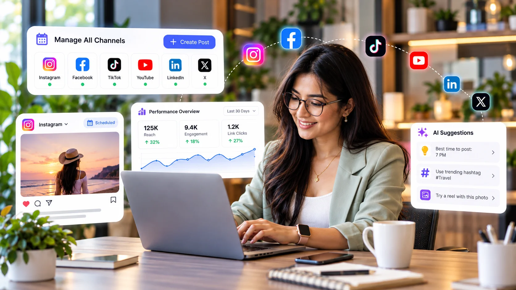 Social Nest — managing every channel, performance overview, and AI suggestions from one dashboard