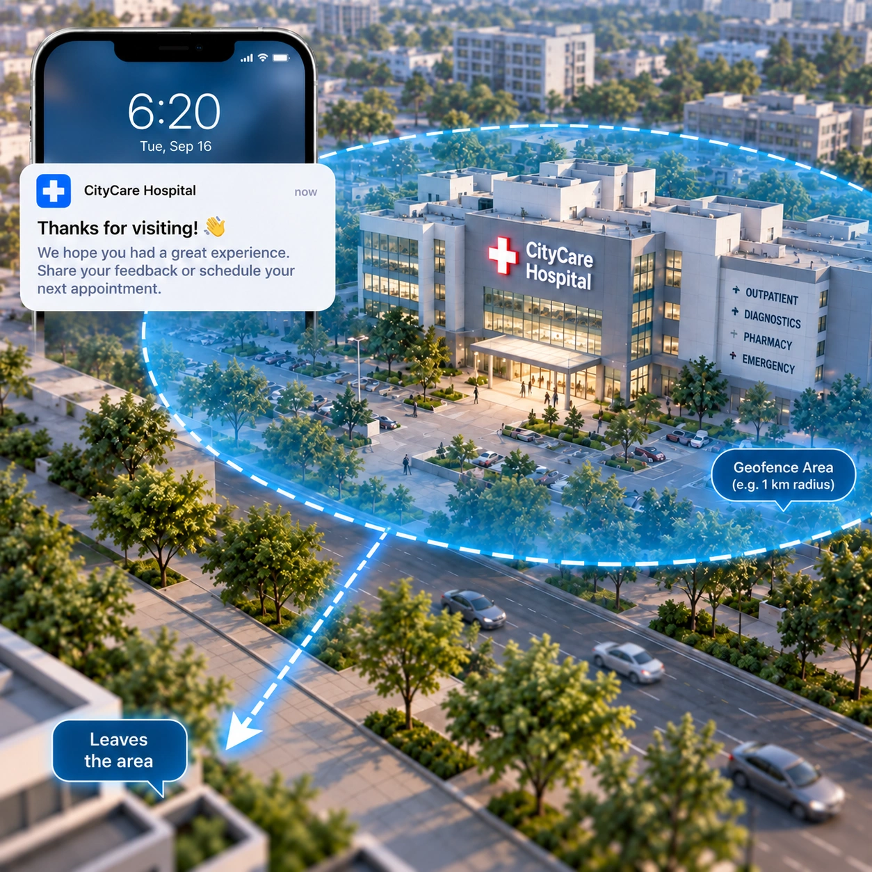 A visitor's phone leaving the geofence, triggering a 'Thanks for visiting' notification