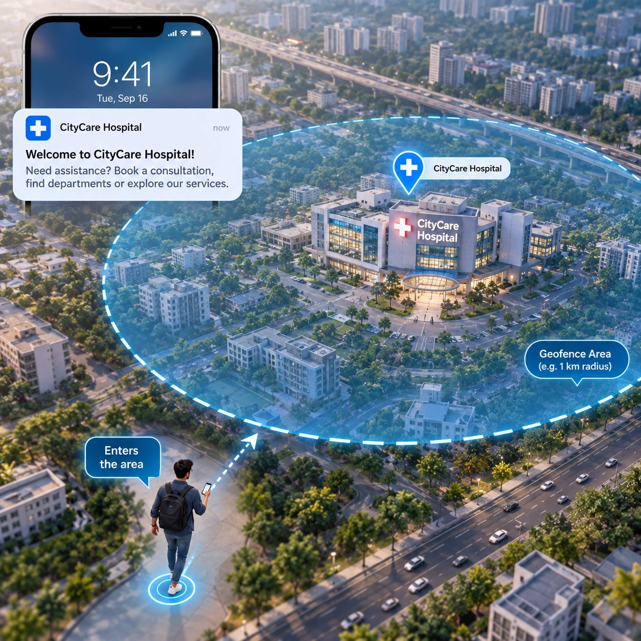 A visitor's phone entering a hospital's geofence, triggering a 'Welcome to CityCare Hospital' notification