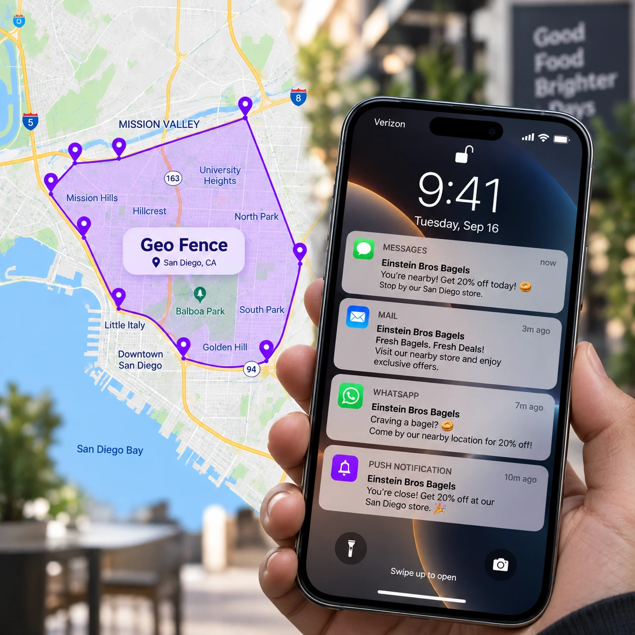 Illustrative mockup of a geofence drawn around a San Diego neighborhood, with a phone lock screen showing SMS, email, WhatsApp, and push notifications all firing as a device enters the fence