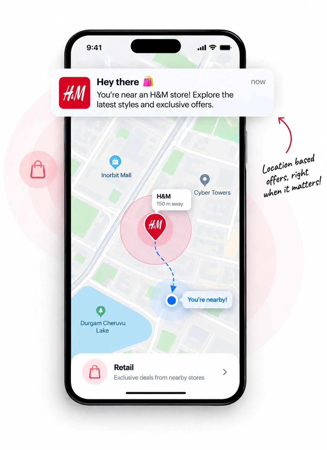 Illustrative mockup of a Retail push notification firing as a device enters the store's geofence, showing the map, the fence radius, and the resulting alert
