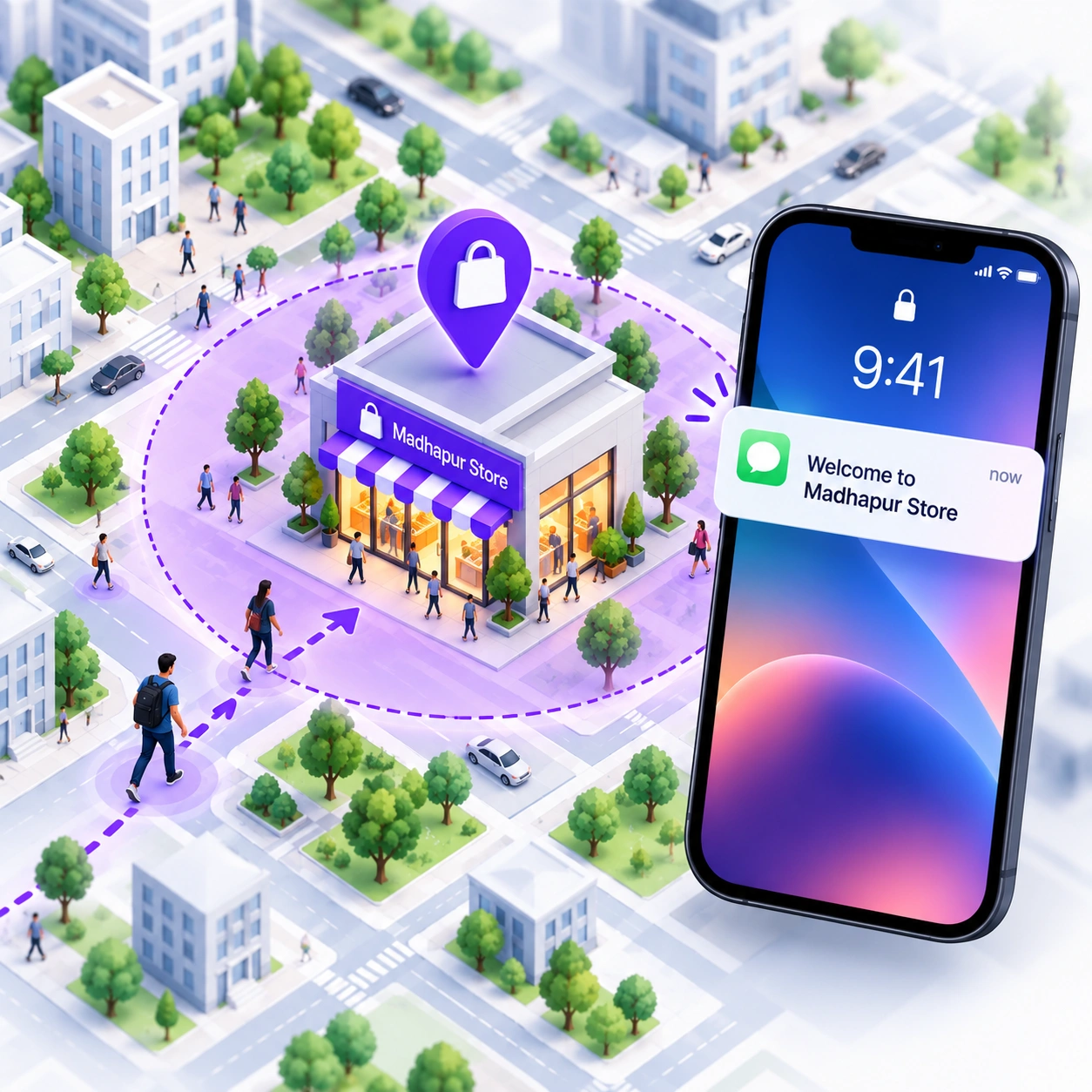 Isometric illustration of a shopper's phone entering the Madhapur Store geofence, with the store, fence boundary, and a 'Welcome to Madhapur Store' notification on the lock screen