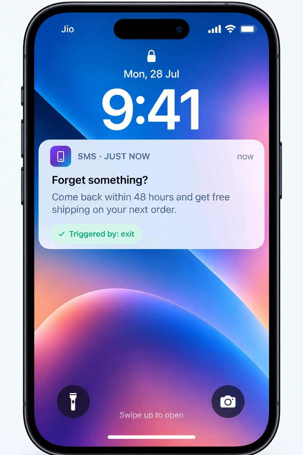 iPhone lock screen showing a 'Forget something?' SMS notification offering free shipping within 48 hours, triggered by exiting the store