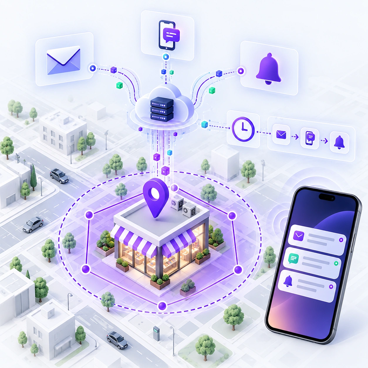 The fence event dispatching from GeoNest's backend to email, SMS, and app push in sequence