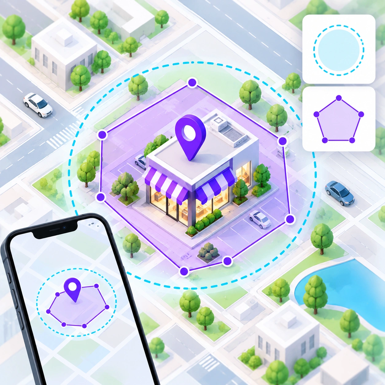 Map view of a store fenced with a precise polygon inside a circular wake-up region, next to circle and polygon shape options