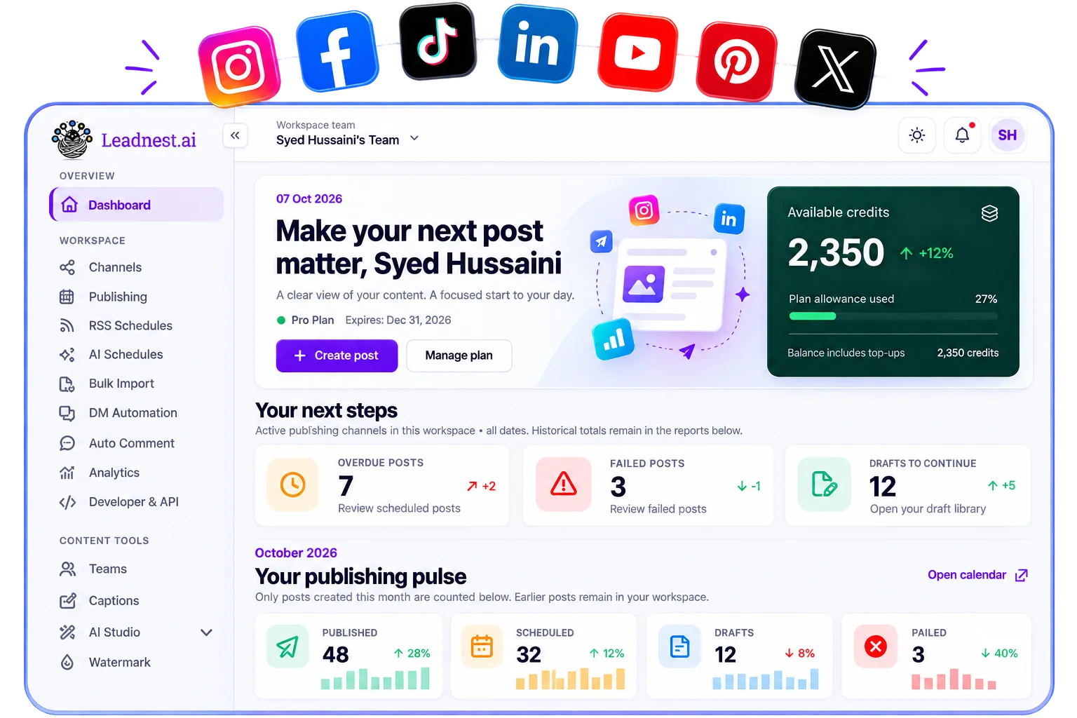 SocialNest dashboard — available credits, next steps and publishing pulse, with Instagram, Facebook, TikTok, LinkedIn, YouTube, Pinterest and X channels