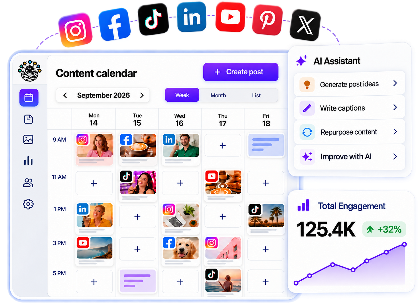 SocialNest — content calendar with AI Assistant and Total Engagement analytics