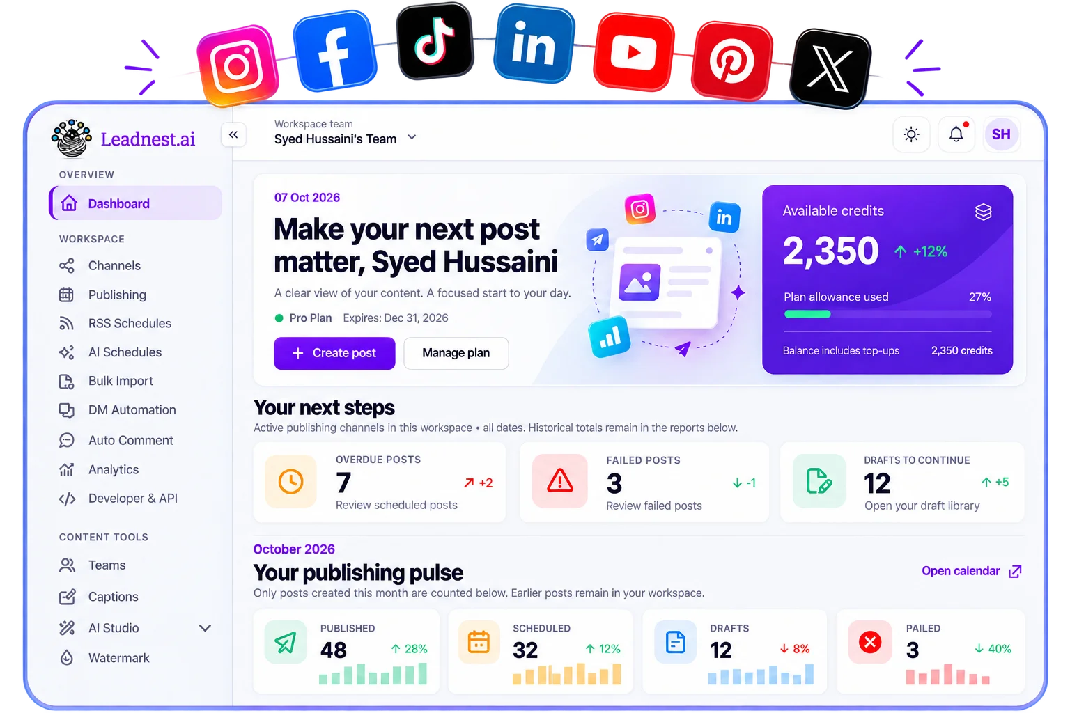 SocialNest dashboard — available credits, next steps and publishing pulse, with Instagram, Facebook, TikTok, LinkedIn, YouTube, Pinterest and X channels