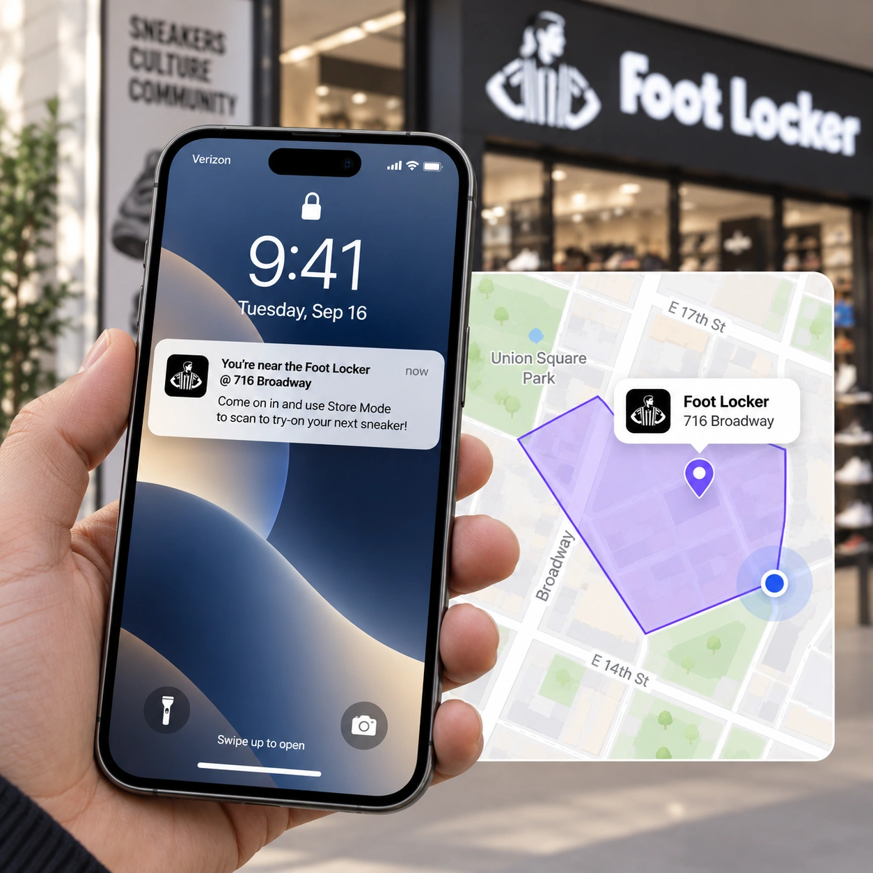 A phone lock screen showing a nearby-store push notification inviting a shopper in to find their signature fragrance