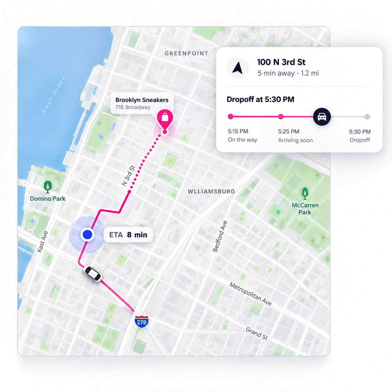 A map showing a route to a store with a distance and drop-off time callout